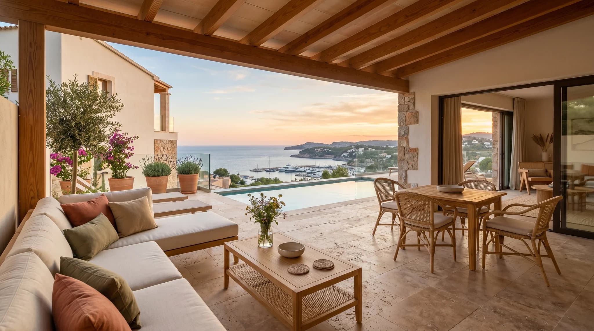 Sonnenterrasse mit Lounge und Meerblick