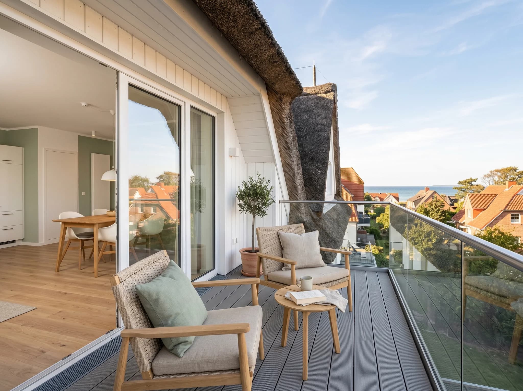 Südbalkon mit Lounge-Möbeln und Blick Richtung Ostsee
