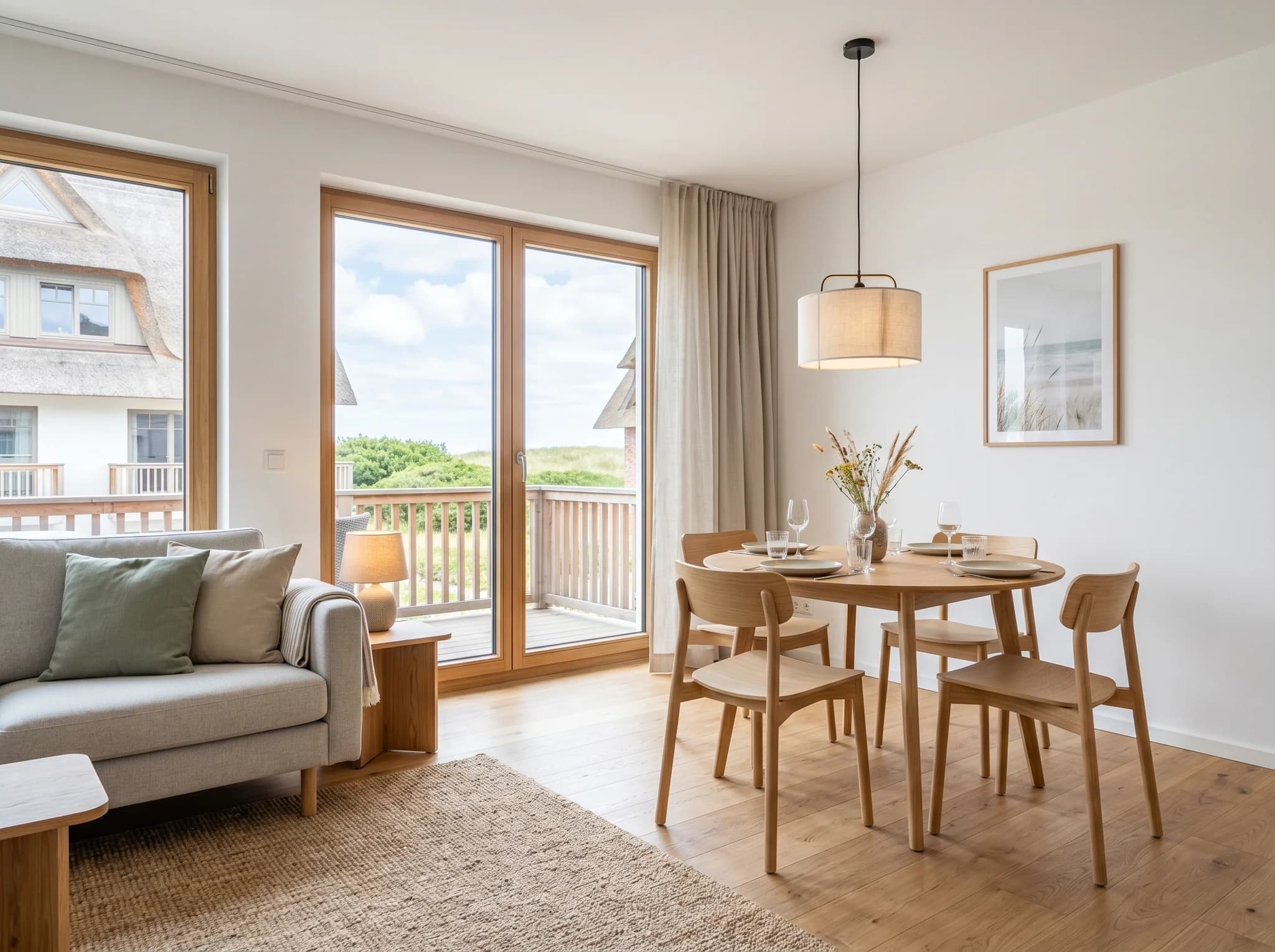 Wohnzimmer mit Sofa und Blick zum Essbereich